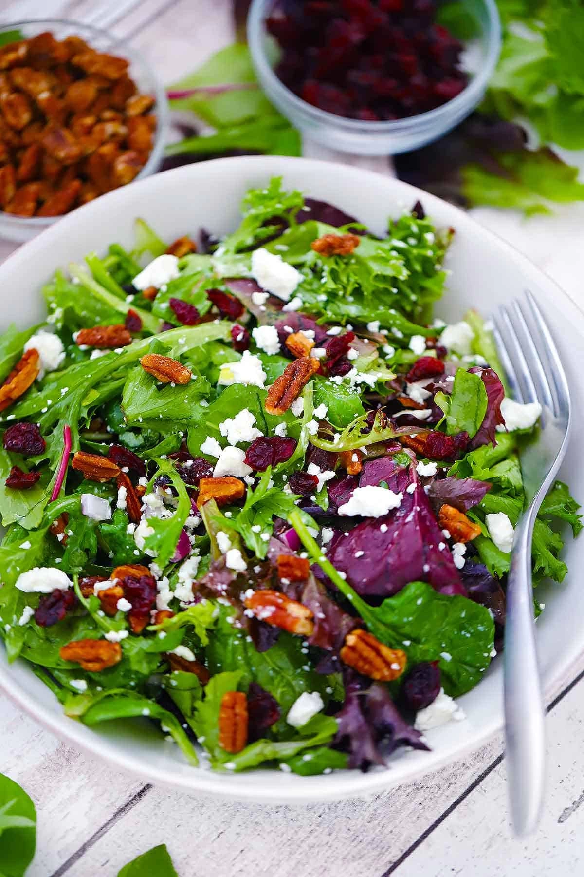 Salata cu piept de pui, branza de capra, goji, merisoare si nuci pecan