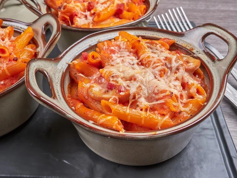 Penne integrale siciliene al forno cu piept de pui, rosii si sos roze